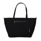 Black diaper tote with multiple pockets and wipeable interior