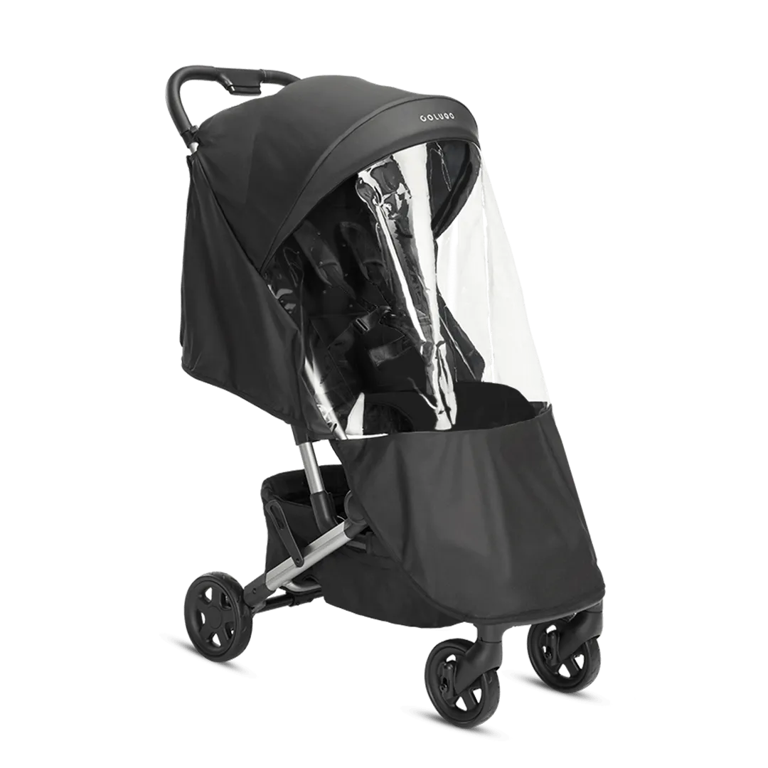 Compact stroller with matching black parent backpack and park icon