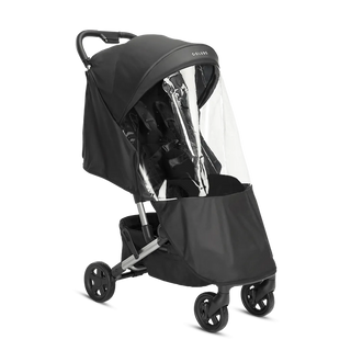 Compact stroller with matching black parent backpack and park icon