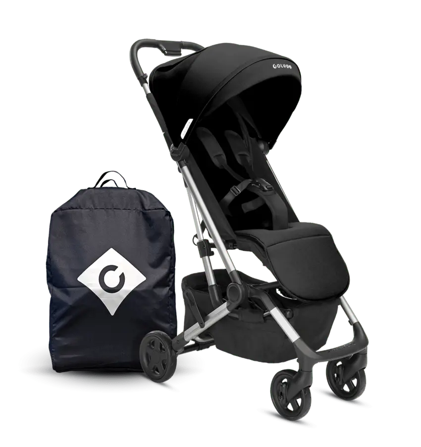 Black compact stroller and parent backpack set