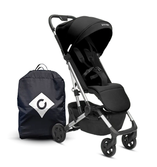 Black compact stroller and parent backpack set