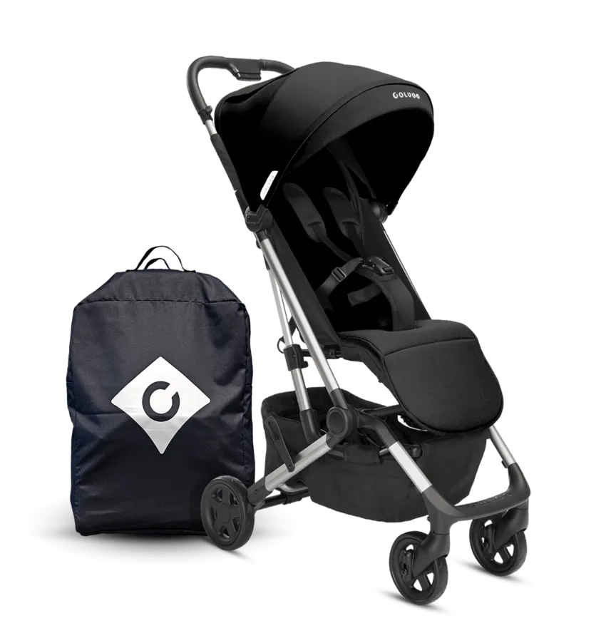 Black compact stroller and parent backpack set with park icon