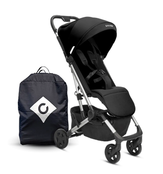 Black compact stroller and parent backpack set with park icon