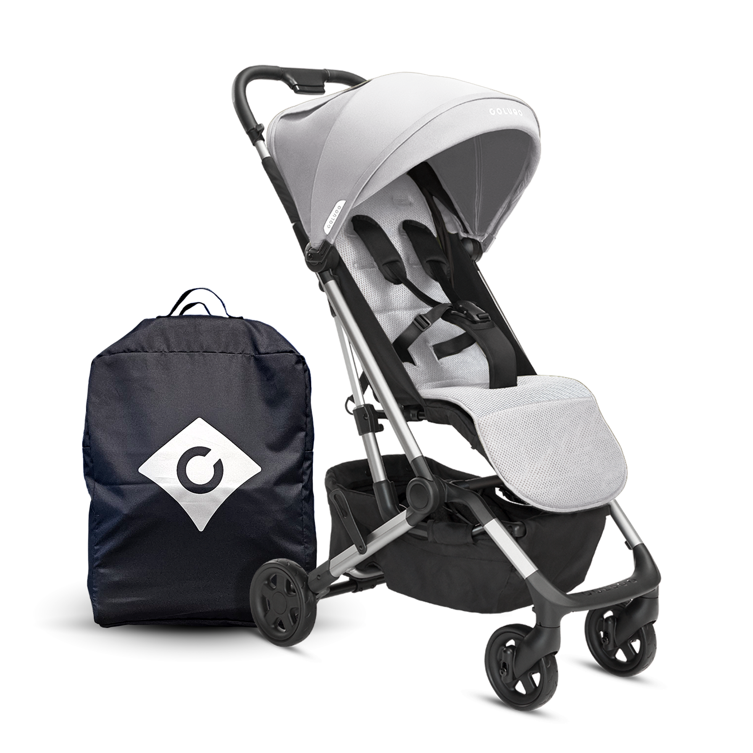 Compact Cool Grey Stroller Front View with Safety Bar Attached