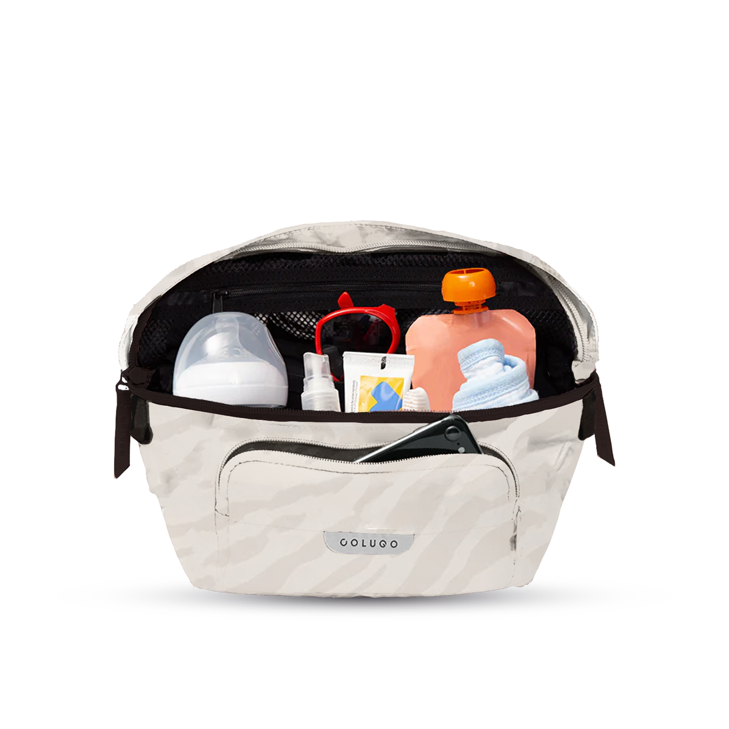 The On the Go Organizer, Dune Zebra holding pouches and wipes