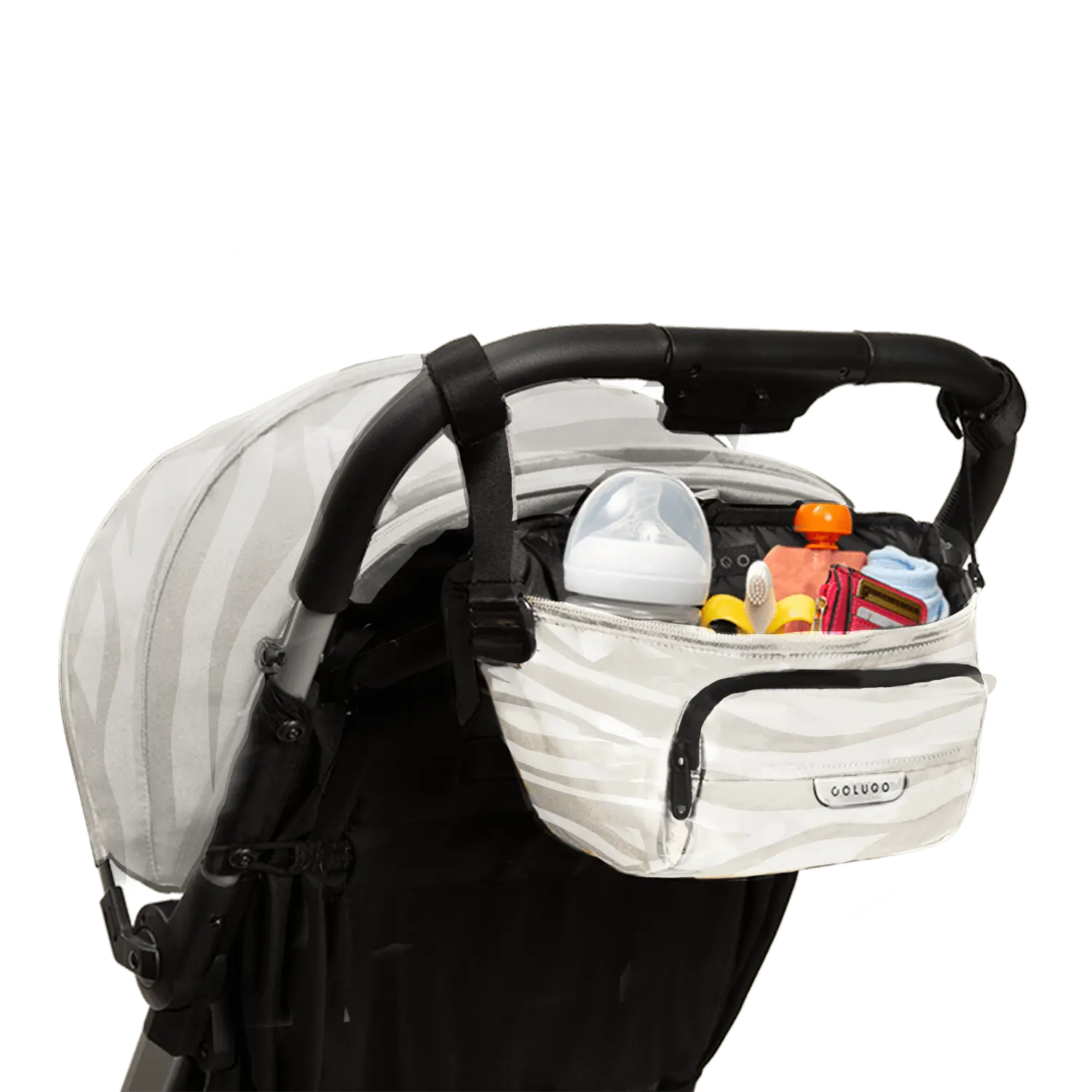 The On the Go Organizer, Dune Zebra attached to a Colugo stroller