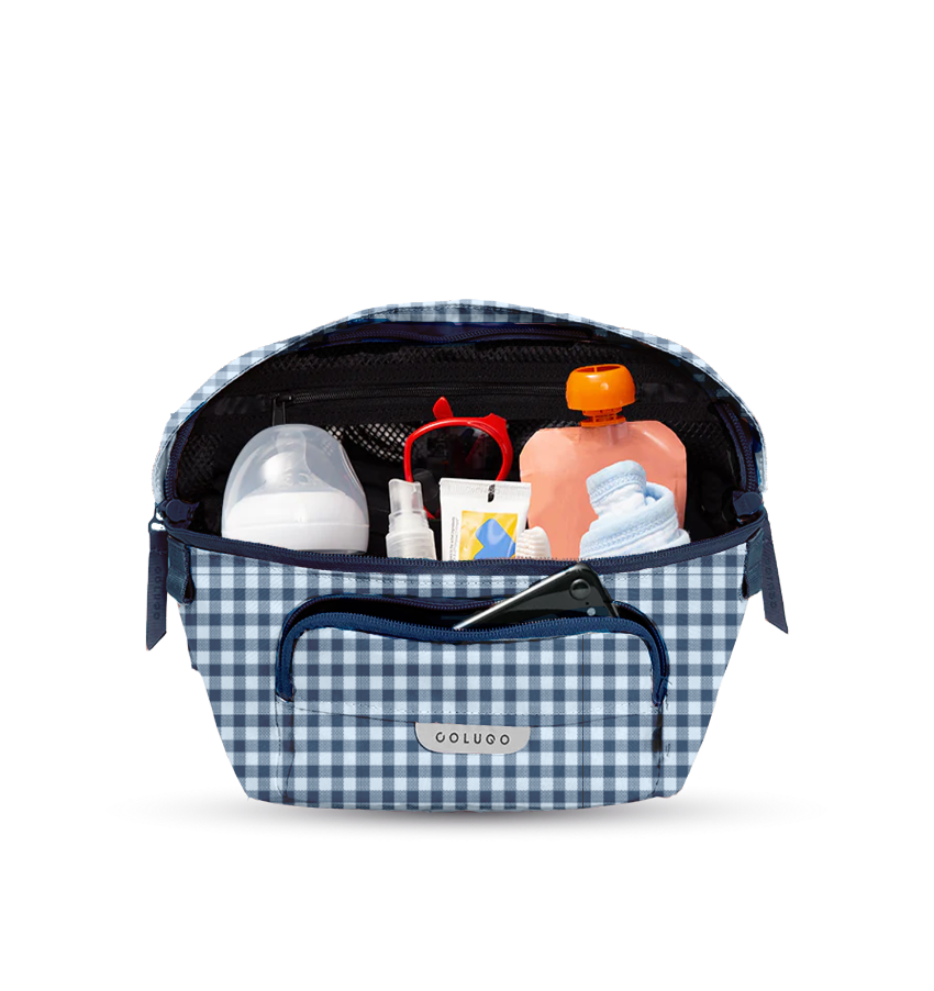 The On the Go Organizer, Blue Gingham holding pouches and wipes