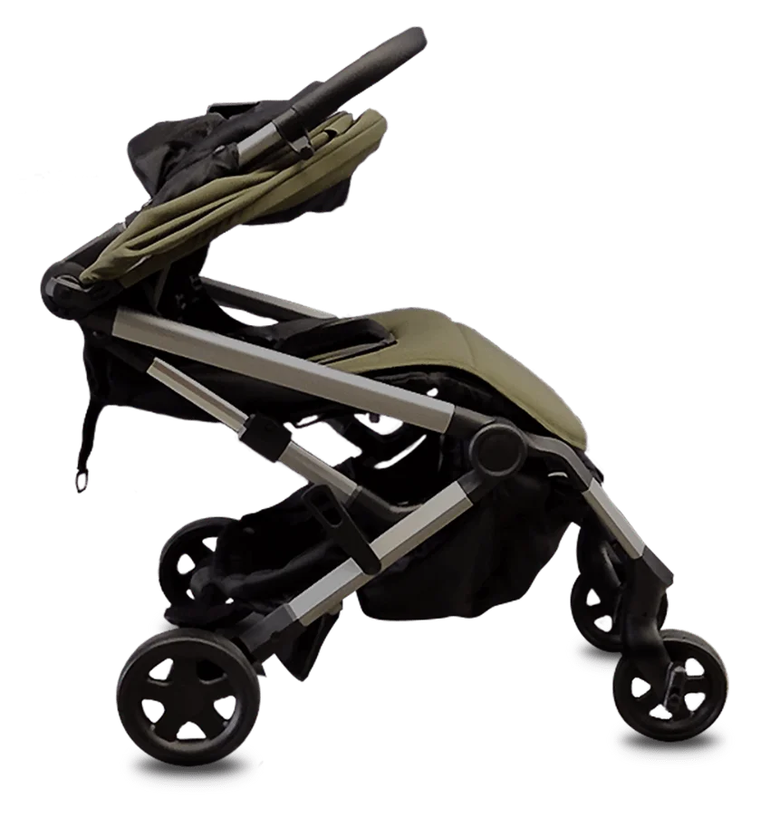 Compact stroller and olive backpack for parents