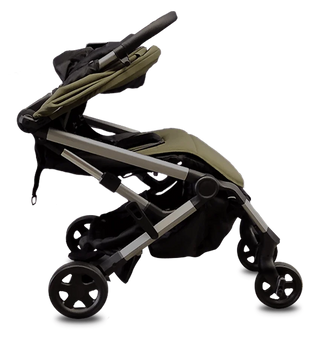 Compact stroller and olive backpack for parents