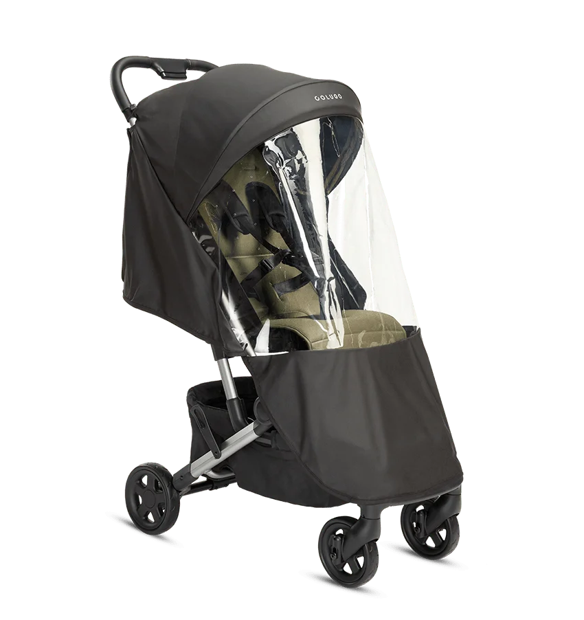 Compact stroller with matching olive parent backpack