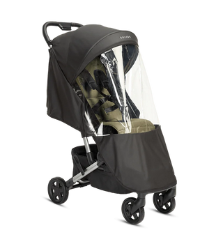 Compact stroller with matching olive parent backpack