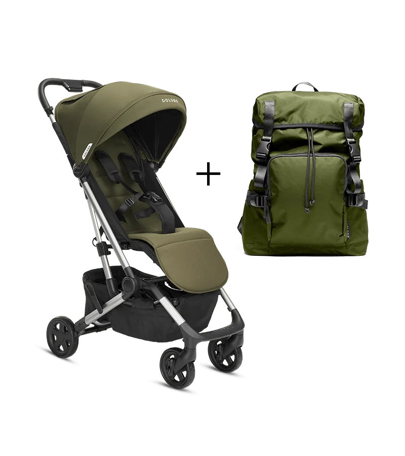 Compact stroller and parent backpack bundle in olive