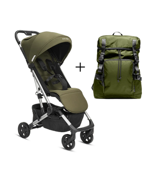 Compact stroller and parent backpack bundle in olive