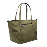 Olive diaper tote with multiple pockets and wipeable interior"