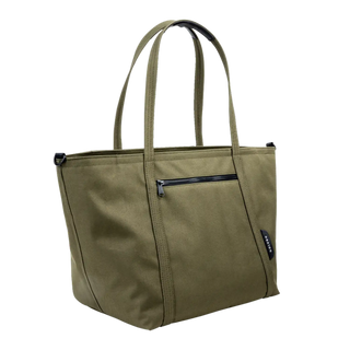 Olive diaper tote with multiple pockets and wipeable interior"