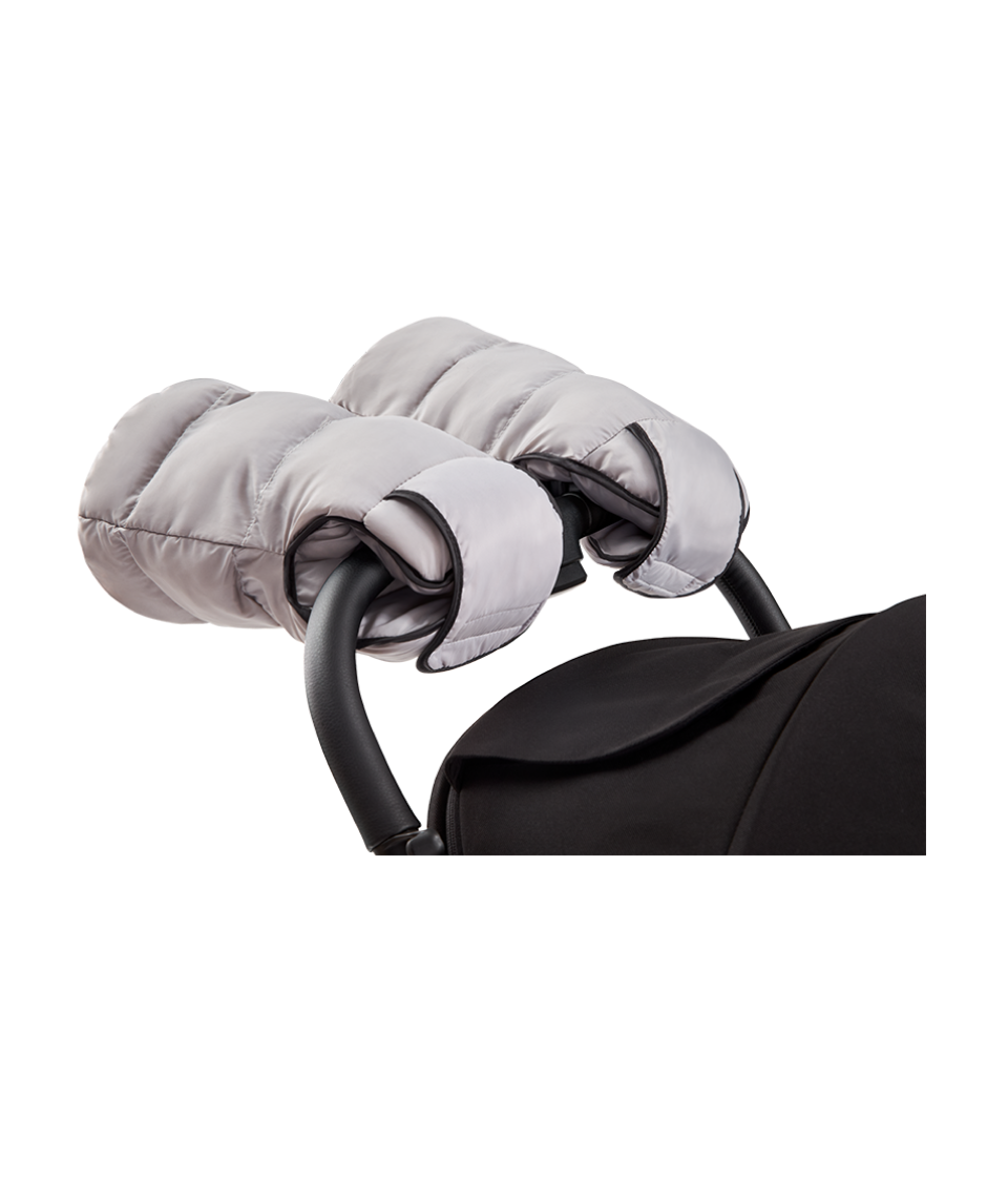 The Cozy Mittens, Cool Grey attached to stroller handle