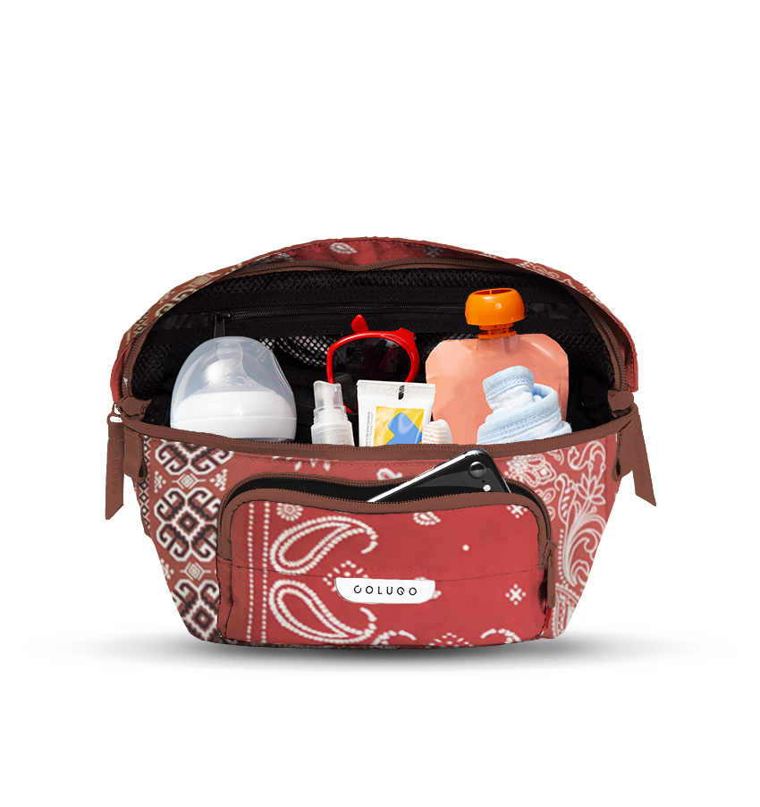 The On the Go Organizer, Red Bandana holding pouches and wipes