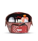 The On the Go Organizer, Red Bandana holding pouches and wipes