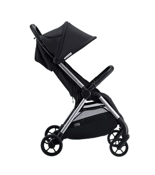 Black stroller with Fold Assist by Colugo