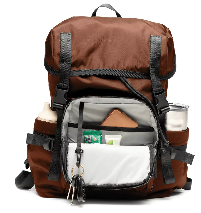 The Parent Backpack, Cocoa showing multiple pockets open