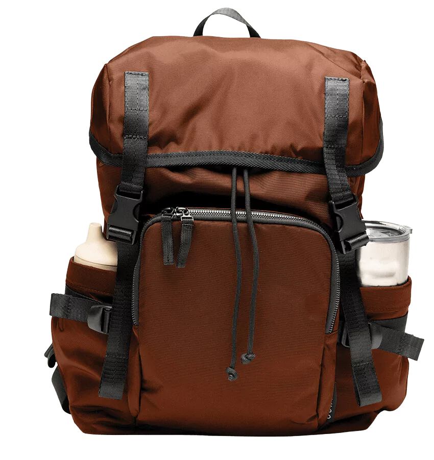 Close-up of durable materials used in The Parent Backpack, Cocoa