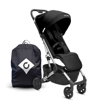 Compact Black Stroller Front View with Safety Bar Attached