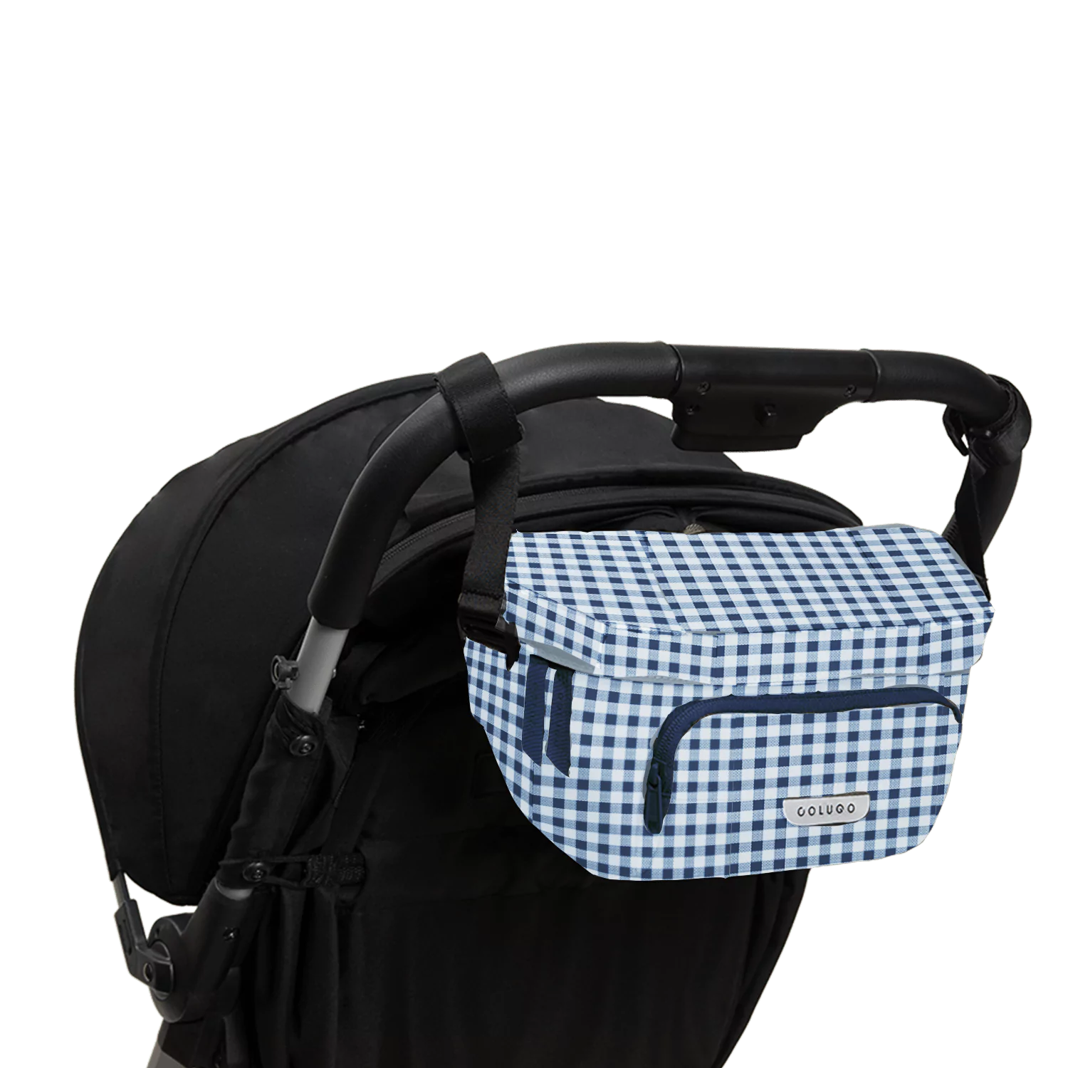 The On the Go Organizer, Blue Gingham used as a fanny pack