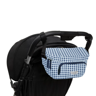 The On the Go Organizer, Blue Gingham used as a fanny pack