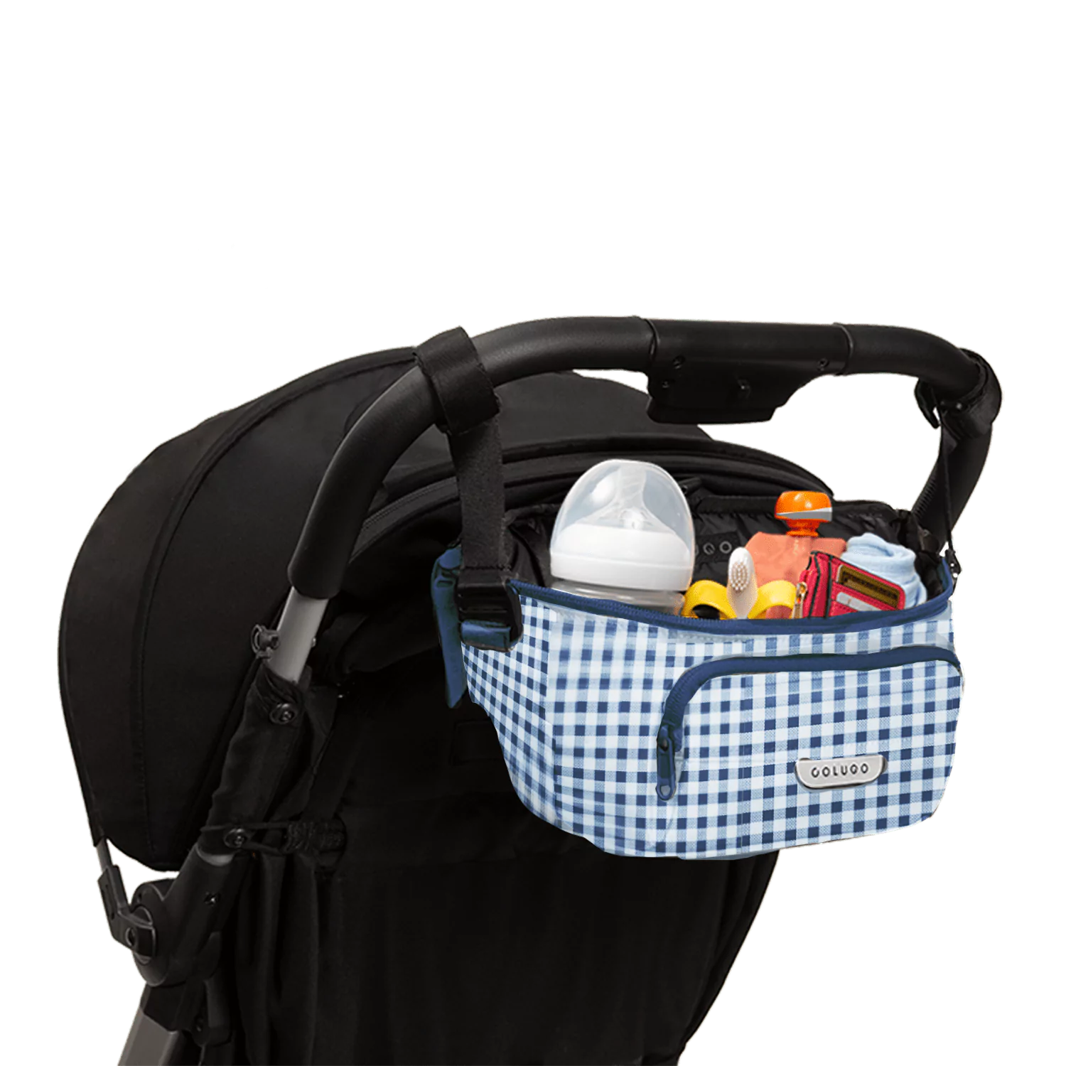 The On the Go Organizer, Blue Gingham attached to a Colugo stroller