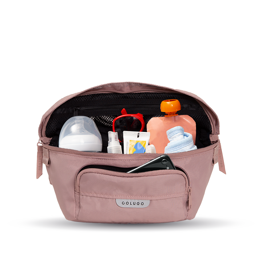 The On the Go Organizer, Rose Pink with baby essentials inside